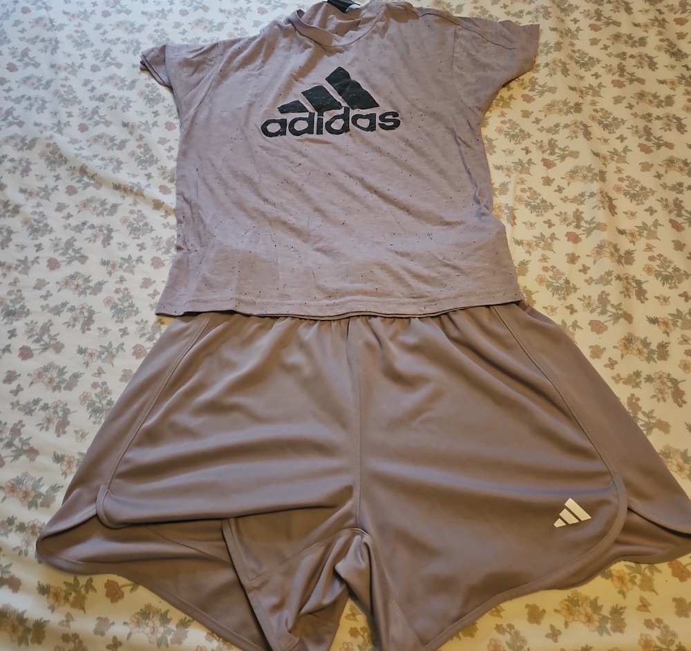 adidas mauve/purple logo tee and matching athletic shorts